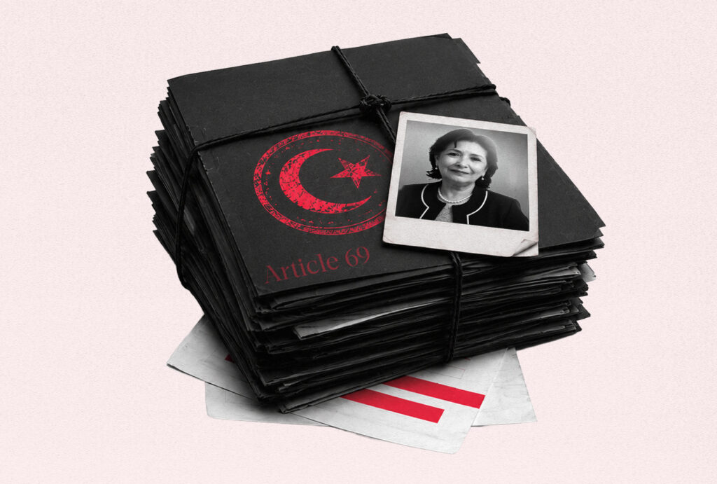 Illustration of a legal case file bearing a Tunisian official stamp alongside a portrait of Sihem Bensedrine, representing HuMENA's legal analysis on transitional justice in Tunisia.