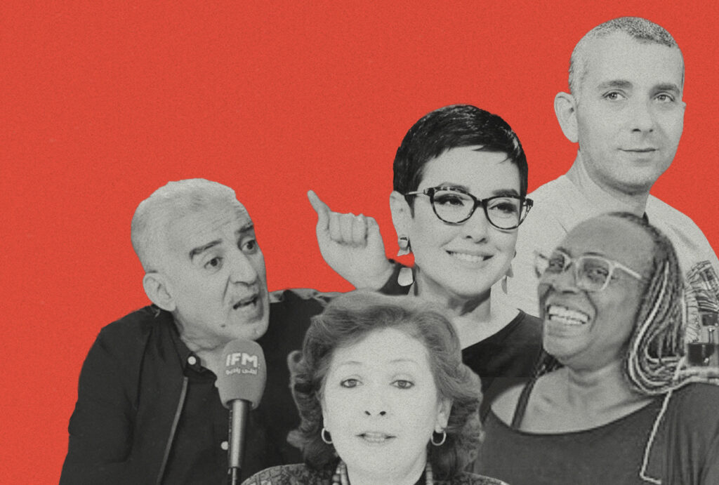Composite image featuring Tunisian journalists Zied El-Heni, Sonia Dahmani, and Haythem El-Mekki, alongside human rights defenders Sihem Bensedrine and Saadia Mosbah, accompanying a joint appeal by 47 human rights organizations calling for an end to the imprisonment of journalists and human rights defenders in Tunisia.