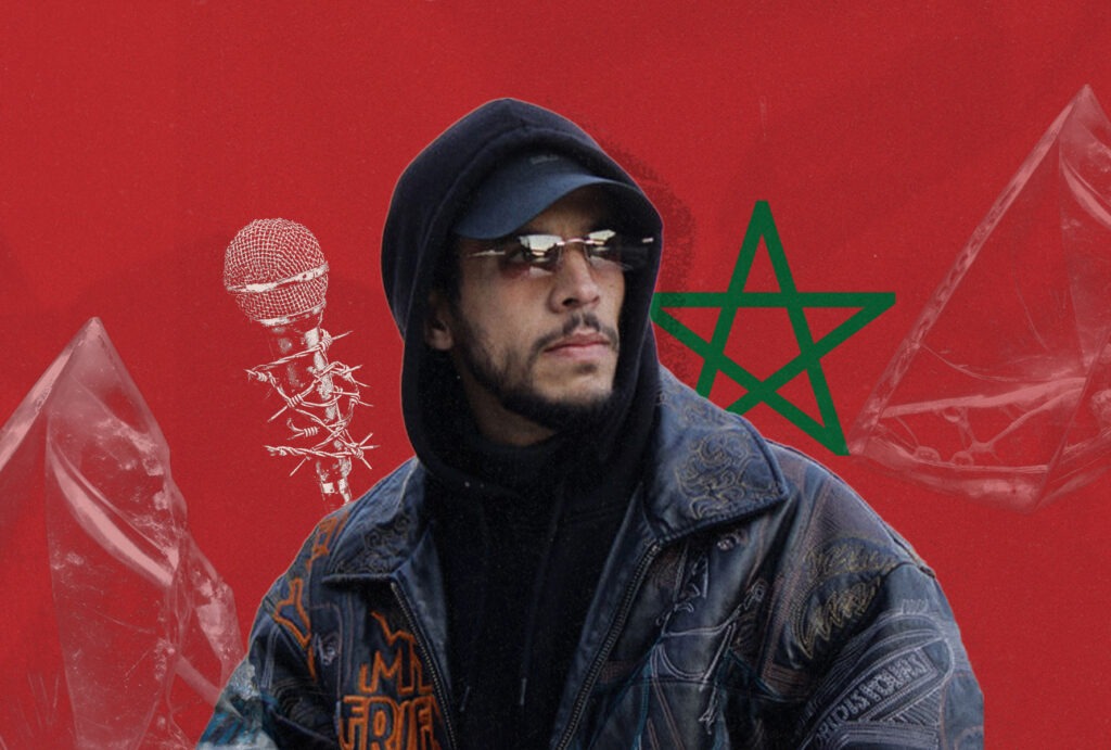 Portrait of Moroccan rapper and filmmaker El Mahdi Lyoubi (Mehdi Black Wind) against a Moroccan flag background with a microphone wrapped in chains, symbolizing restrictions on artistic freedom and freedom of expression.