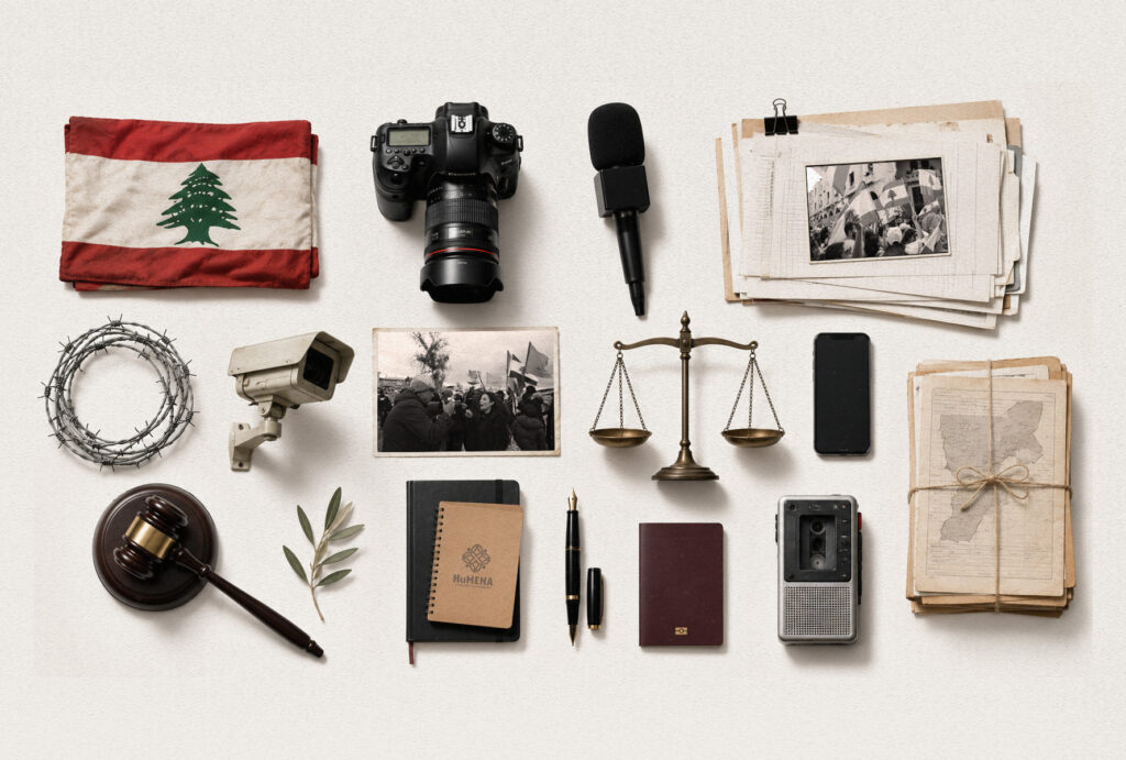 Collage showing journalism and civic space elements including a microphone, camera, justice scale, protest scenes in Lebanon, and digital tools such as a smartphone.