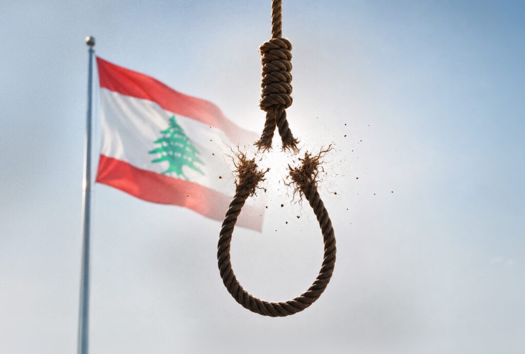 Hangman’s noose in front of the Lebanese flag, symbolizing the abolition of the death penalty in Lebanon