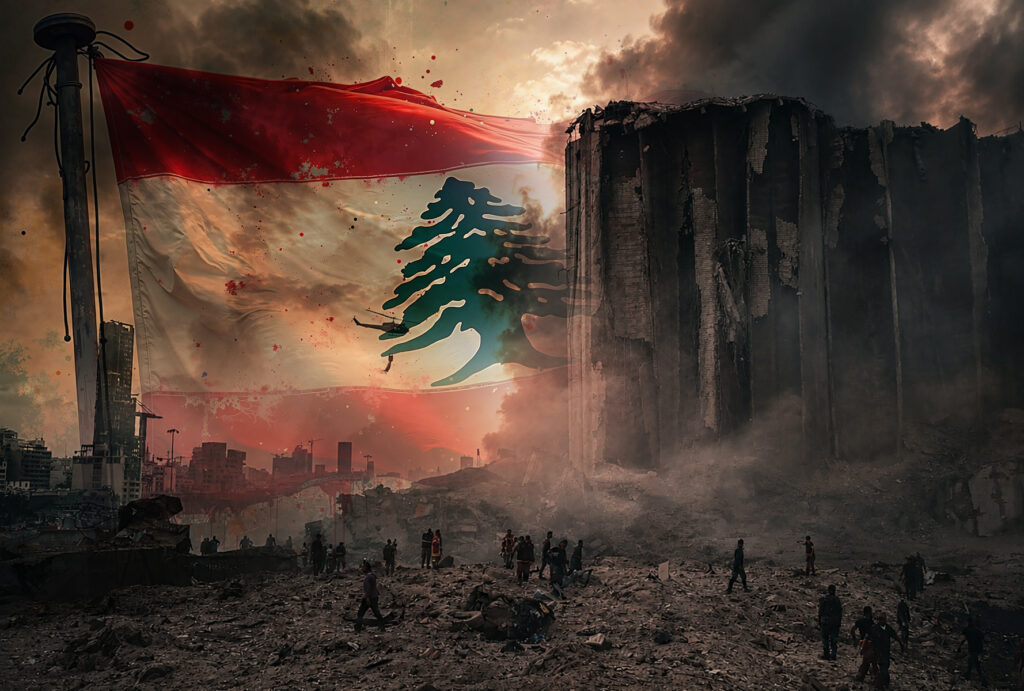 Illustration of the destroyed Port of Beirut with damaged grain silos and a faded Lebanese flag, symbolizing the lasting impact of the 4 August 2020 Beirut Port explosion.