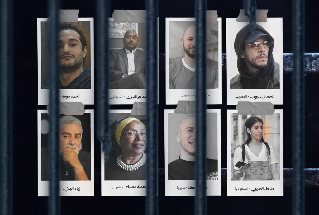 Human rights defenders and activists from across the Arab world pictured behind prison bars, illustrating political detention and the restriction of civic space.