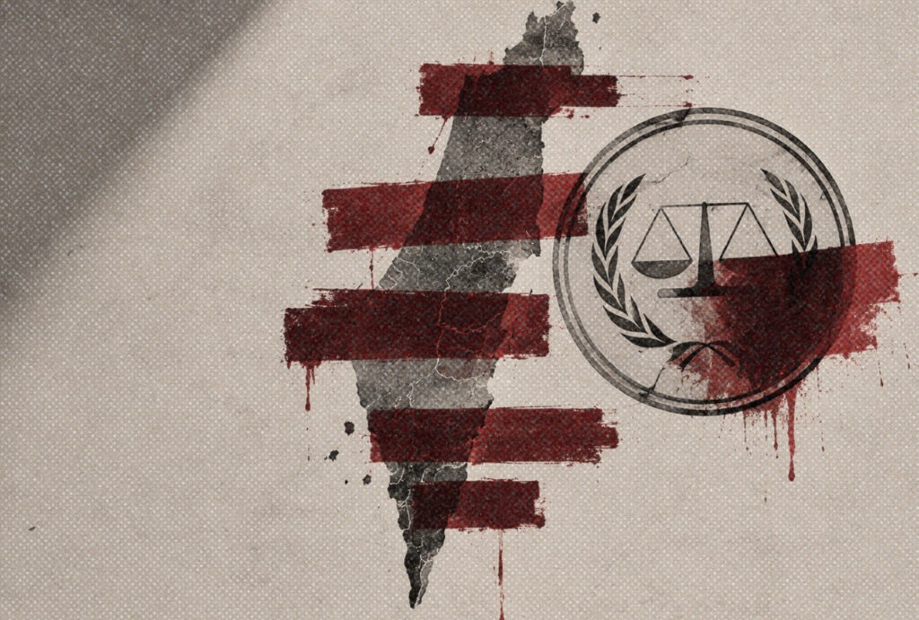 Map of Palestine and justice symbol crossed by red strips, representing threats to Palestinian human rights and international justice