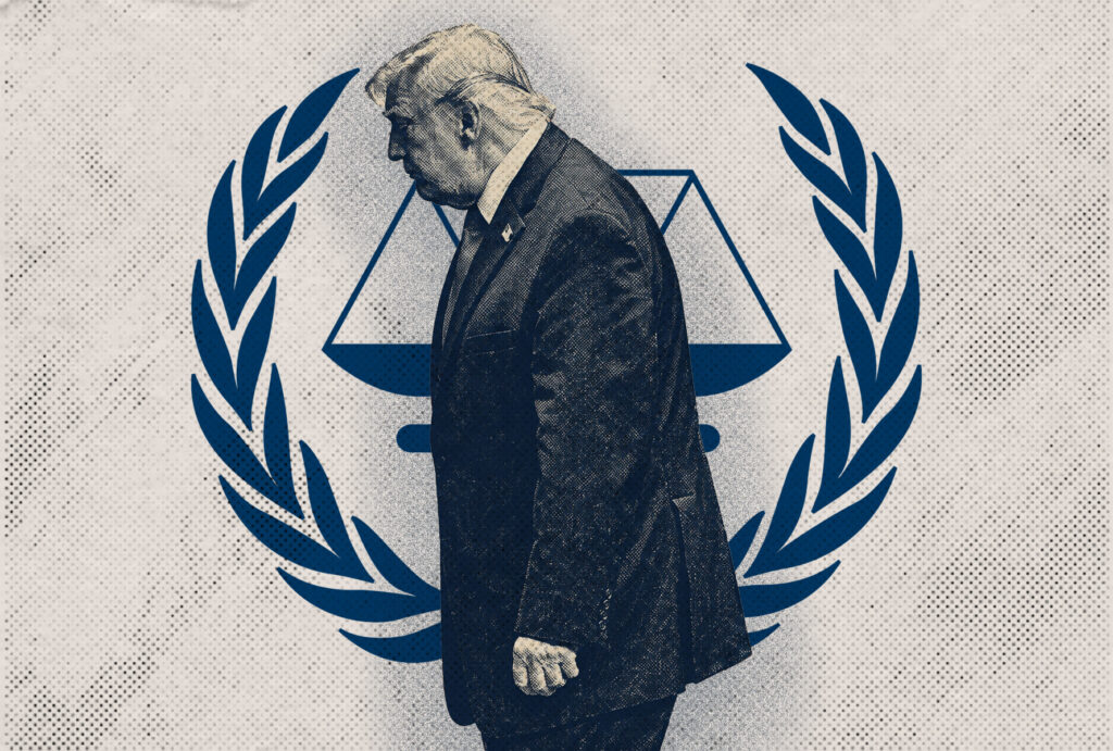 Illustration of Donald Trump in front of the International Criminal Court symbol and scales of justice, representing U.S. sanctions on the ICC.