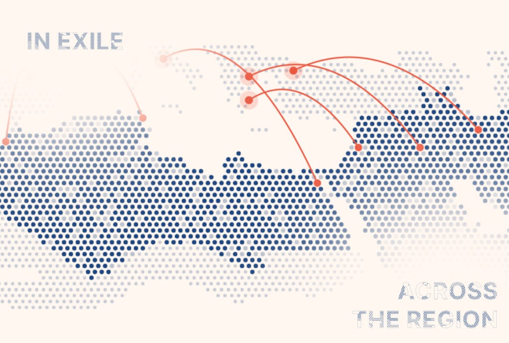 Illustrated map of the MENA region showing cross-border connections, representing civic action, exile and human rights work across the region.