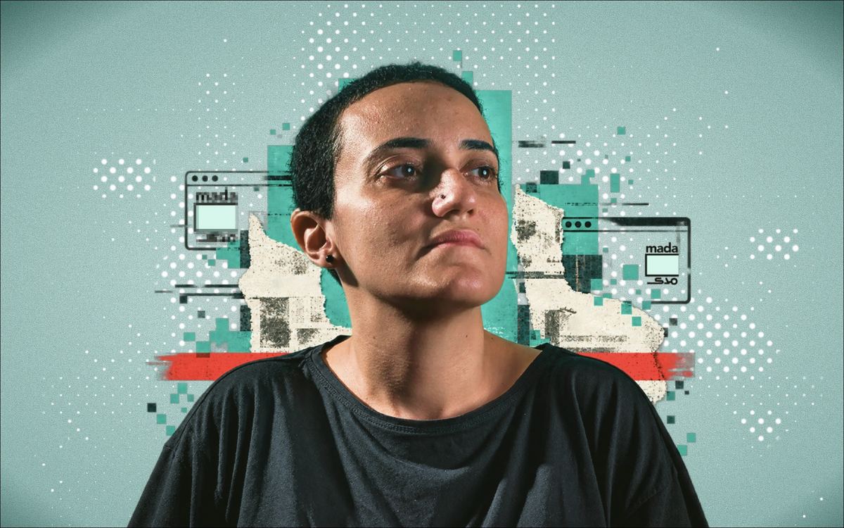 Illustration of Mada Masr editor-in-chief Lina Attalah against a digital media background, accompanying a statement condemning the newsroom's shutdown in Egypt.