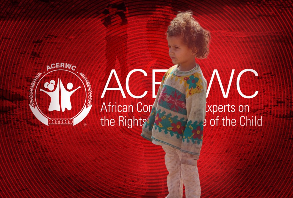 Child standing in front of the African Committee of Experts on the Rights and Welfare of the Child (ACERWC) logo, illustrating children's rights in Egypt.
