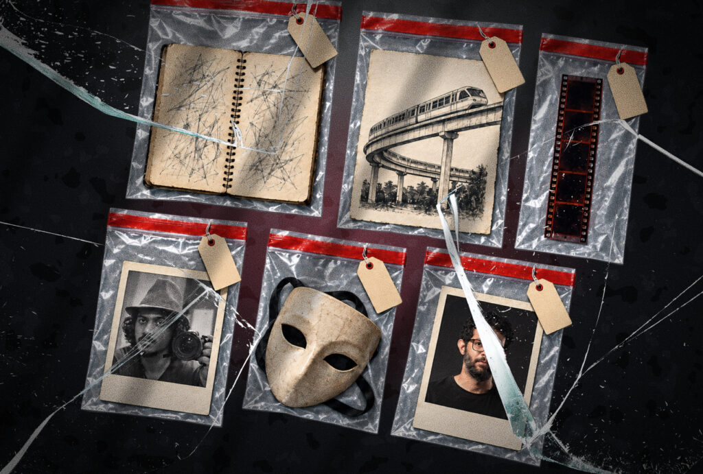Illustration representing the criminalization of art in Egypt, with artistic works sealed in evidence bags.