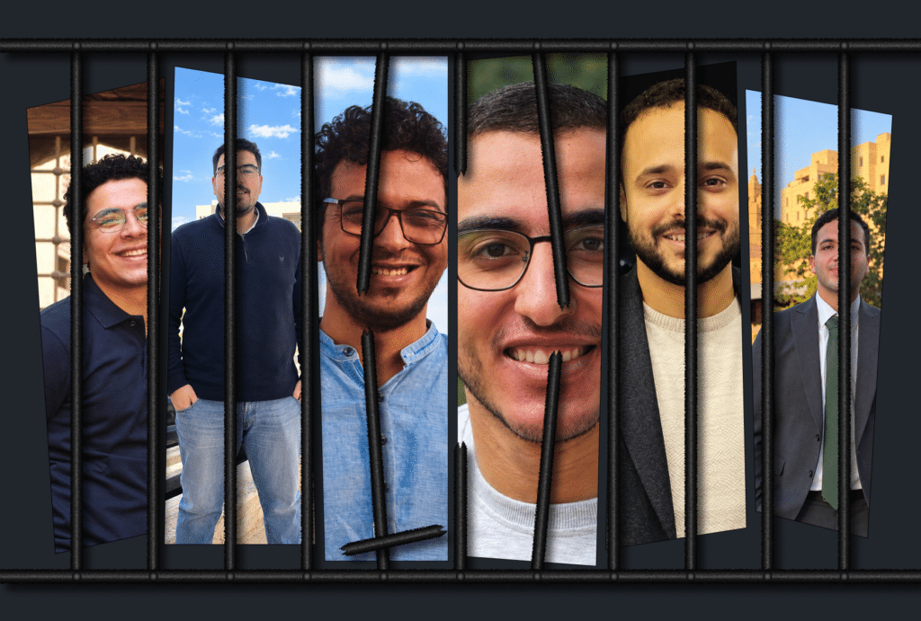 Portraits of six Matsada2sh journalists detained in Egypt, shown behind prison bars, highlighting allegations of torture and ill-treatment.