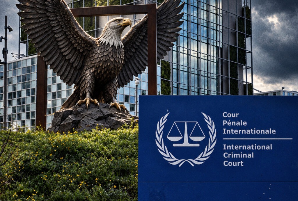 Illustration of a bald eagle representing the United States beside the International Criminal Court (ICC) building and sign, symbolizing US sanctions against the Court.